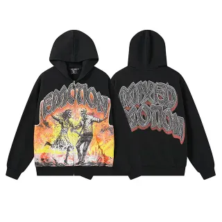 Mixed Emotion Hoodie Negro Multicolor con Estampado Gráfico Full-Zip