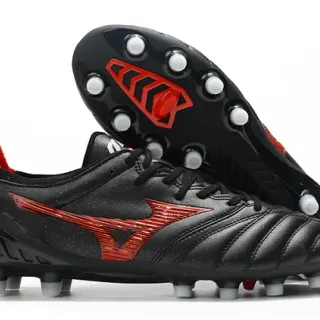 Mizuno Black Red Quilted Leather Upper Low-Cut Ankle Firm-Ground Soccer Shoes