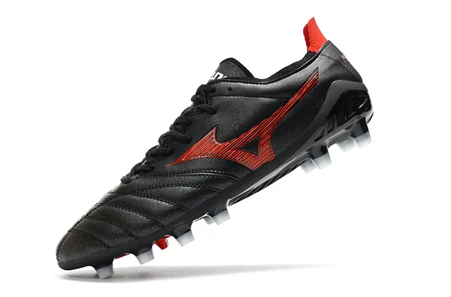 Mizuno أسود أحمر جلد مبطن علوي كاحل منخفض أرض صلبة أحذية كرة القدم 10