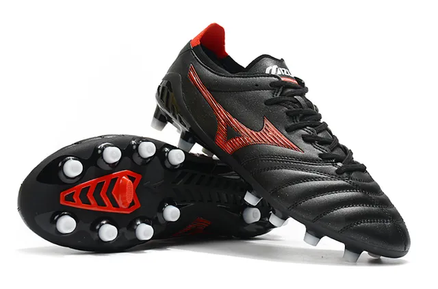 Mizuno أسود أحمر جلد مبطن علوي كاحل منخفض أرض صلبة أحذية كرة القدم 11