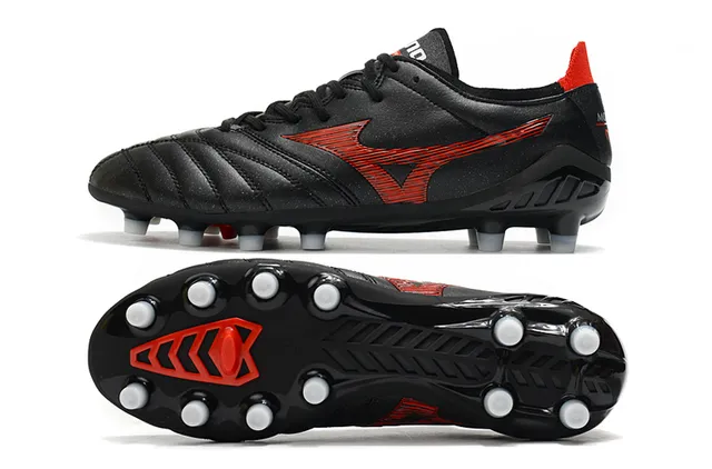 Mizuno أسود أحمر جلد مبطن علوي كاحل منخفض أرض صلبة أحذية كرة القدم 13