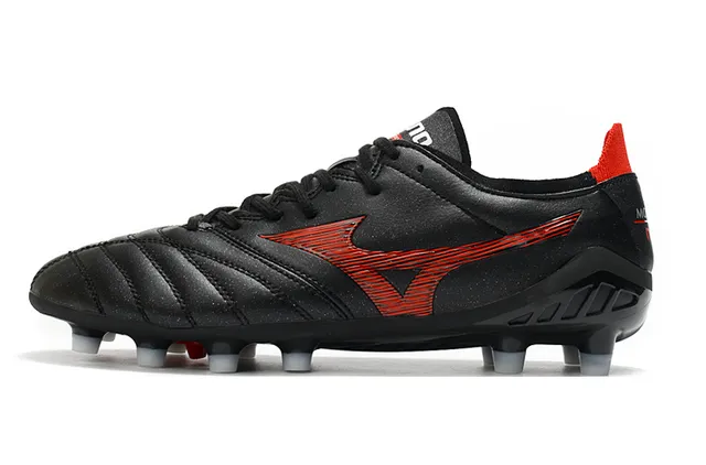 Mizuno أسود أحمر جلد مبطن علوي كاحل منخفض أرض صلبة أحذية كرة القدم 14