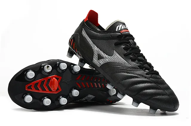 Mizuno أسود أحمر جلد مبطن علوي كاحل منخفض أرض صلبة أحذية كرة القدم 17