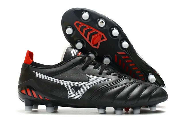 Mizuno أسود أحمر جلد مبطن علوي كاحل منخفض أرض صلبة أحذية كرة القدم 19