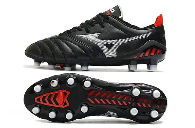 Mizuno أسود أحمر جلد مبطن علوي كاحل منخفض أرض صلبة أحذية كرة القدم 20