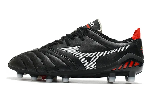 Mizuno أسود أحمر جلد مبطن علوي كاحل منخفض أرض صلبة أحذية كرة القدم 21