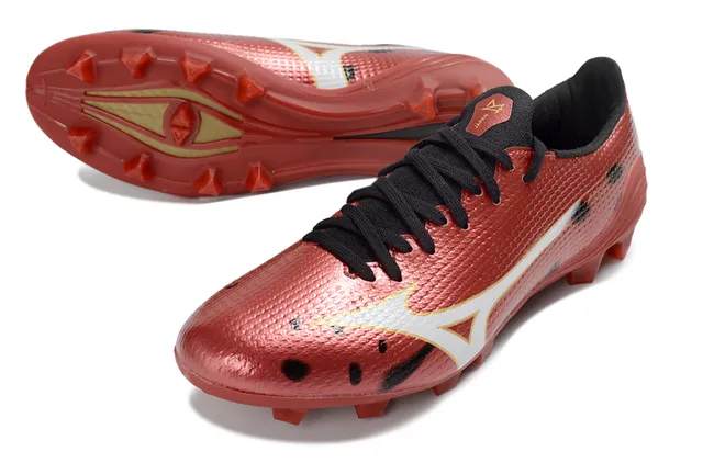 Mizuno Rouge Blanc Métallique Texturé Synthétique Supérieur Studs Coniques Sol Firme Chaussures de Football 4