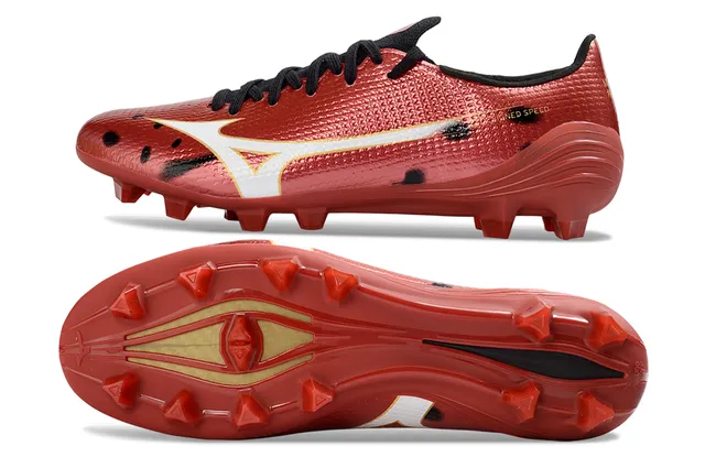 Mizuno Rouge Blanc Métallique Texturé Synthétique Supérieur Studs Coniques Sol Firme Chaussures de Football 6