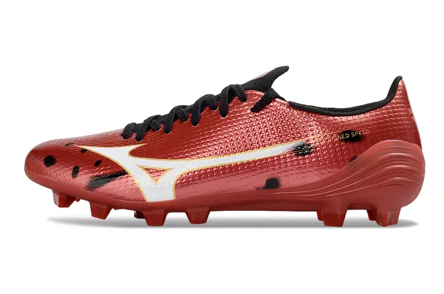 Mizuno Rouge Blanc Métallique Texturé Synthétique Supérieur Studs Coniques Sol Firme Chaussures de Football 7