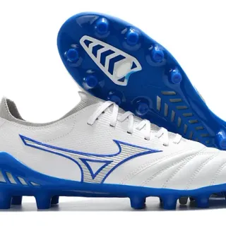 Mizuno White Blue Low-Cut Knit Upper Stitched Quilted Vamp Firm-Ground Soccer Shoes