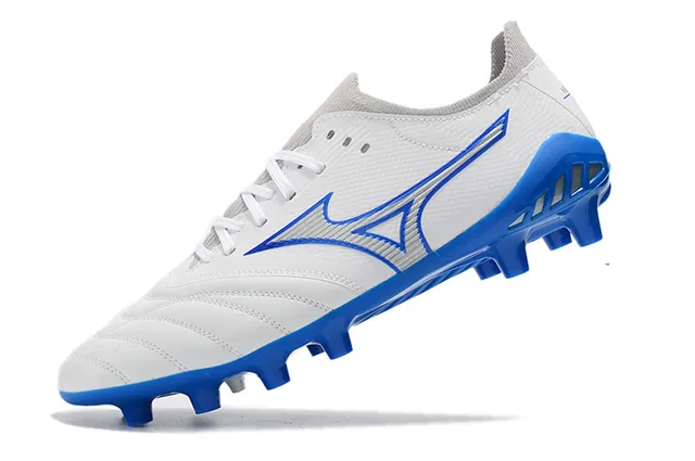 Mizuno Sapatos de Futebol Brancos Azuis Baixo Corte Upper de Malha Costurado Matelado Vamp Solo Firme 4