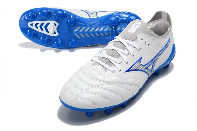 Mizuno Sapatos de Futebol Brancos Azuis Baixo Corte Upper de Malha Costurado Matelado Vamp Solo Firme 6
