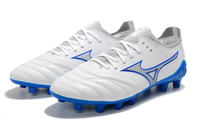 Mizuno Sapatos de Futebol Brancos Azuis Baixo Corte Upper de Malha Costurado Matelado Vamp Solo Firme 8
