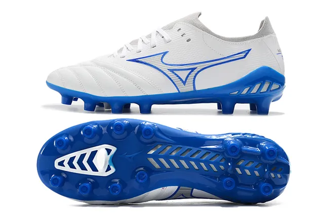Mizuno Sapatos de Futebol Brancos Azuis Baixo Corte Upper de Malha Costurado Matelado Vamp Solo Firme 9