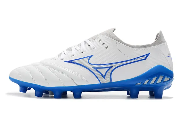 Mizuno Sapatos de Futebol Brancos Azuis Baixo Corte Upper de Malha Costurado Matelado Vamp Solo Firme 10