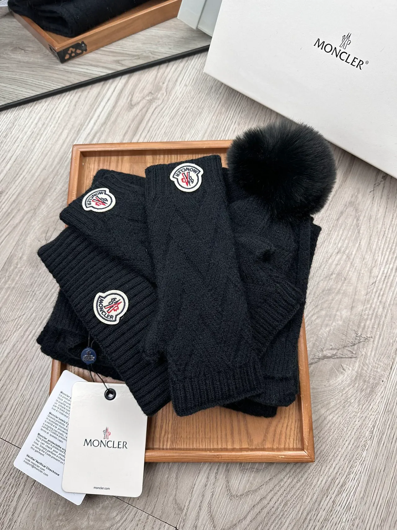 Moncler Black Cable-Knit Faux-Fur Pom-Pom Beanie 4