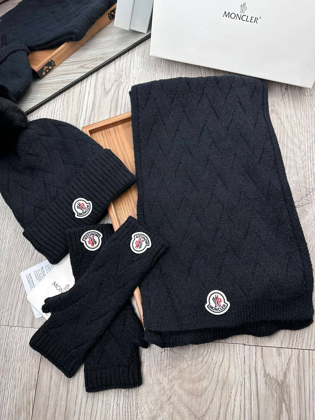 Moncler Black Cable-Knit Faux-Fur Pom-Pom Beanie 6