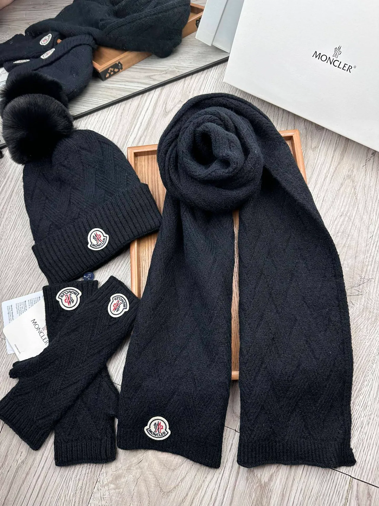 Moncler Black Cable-Knit Faux-Fur Pom-Pom Beanie 9