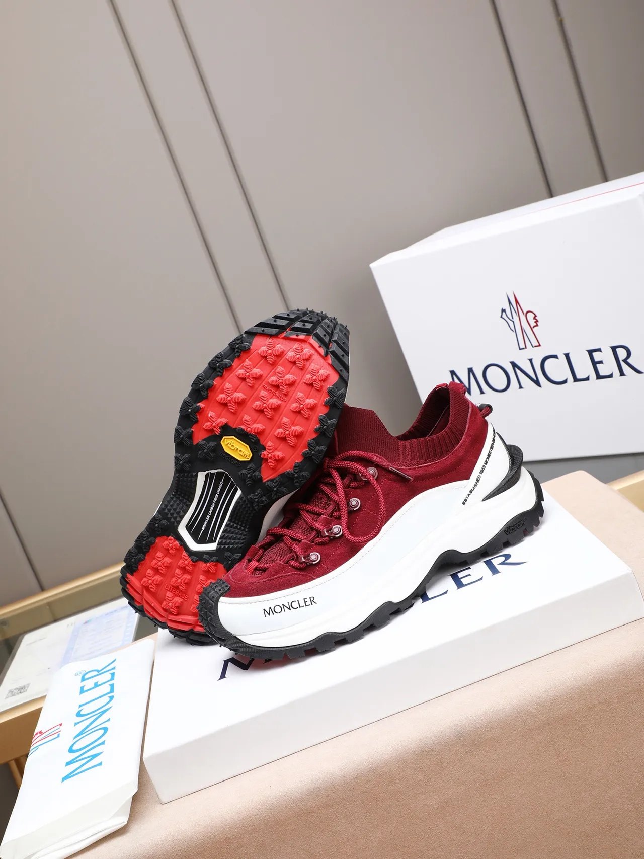 Moncler Grenoble Red Suede Knit-Collar Chunky Sneaker 4