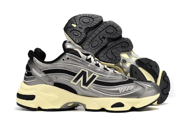 New Balance 1000 حذاء رياضي سميك فضي معدني وكريمي 4