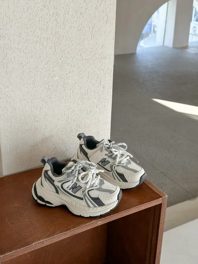 New Balance سولة أبيض رمادي طبقي شبكي-صناعي علوي سميك حذاء رياضي 4