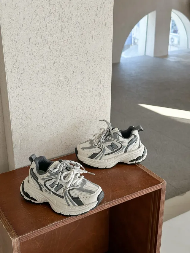 New Balance سولة أبيض رمادي طبقي شبكي-صناعي علوي سميك حذاء رياضي 5