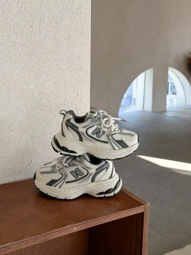 New Balance سولة أبيض رمادي طبقي شبكي-صناعي علوي سميك حذاء رياضي 6