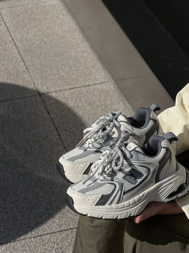 New Balance سولة أبيض رمادي طبقي شبكي-صناعي علوي سميك حذاء رياضي 7
