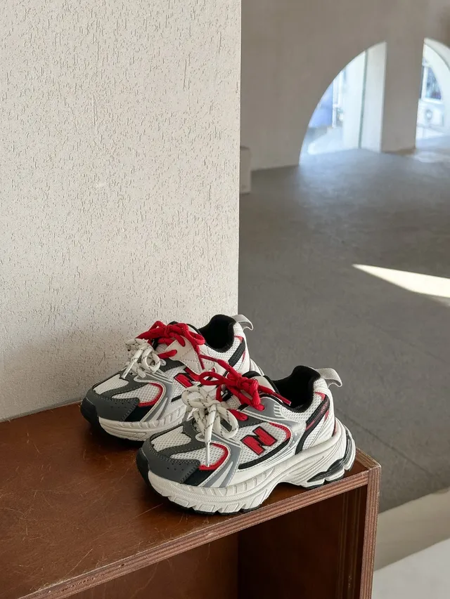 New Balance سولة أبيض رمادي طبقي شبكي-صناعي علوي سميك حذاء رياضي 13