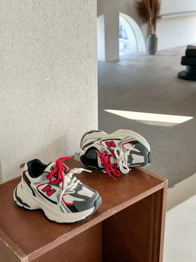 New Balance سولة أبيض رمادي طبقي شبكي-صناعي علوي سميك حذاء رياضي 14