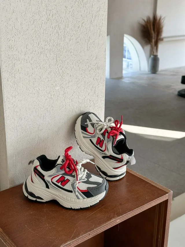 New Balance سولة أبيض رمادي طبقي شبكي-صناعي علوي سميك حذاء رياضي 15
