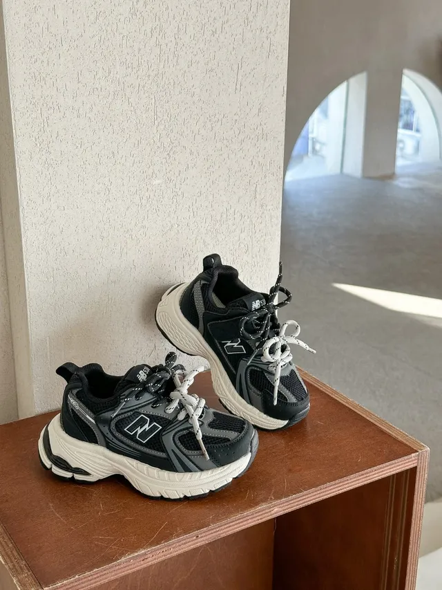 New Balance سولة أبيض رمادي طبقي شبكي-صناعي علوي سميك حذاء رياضي 22