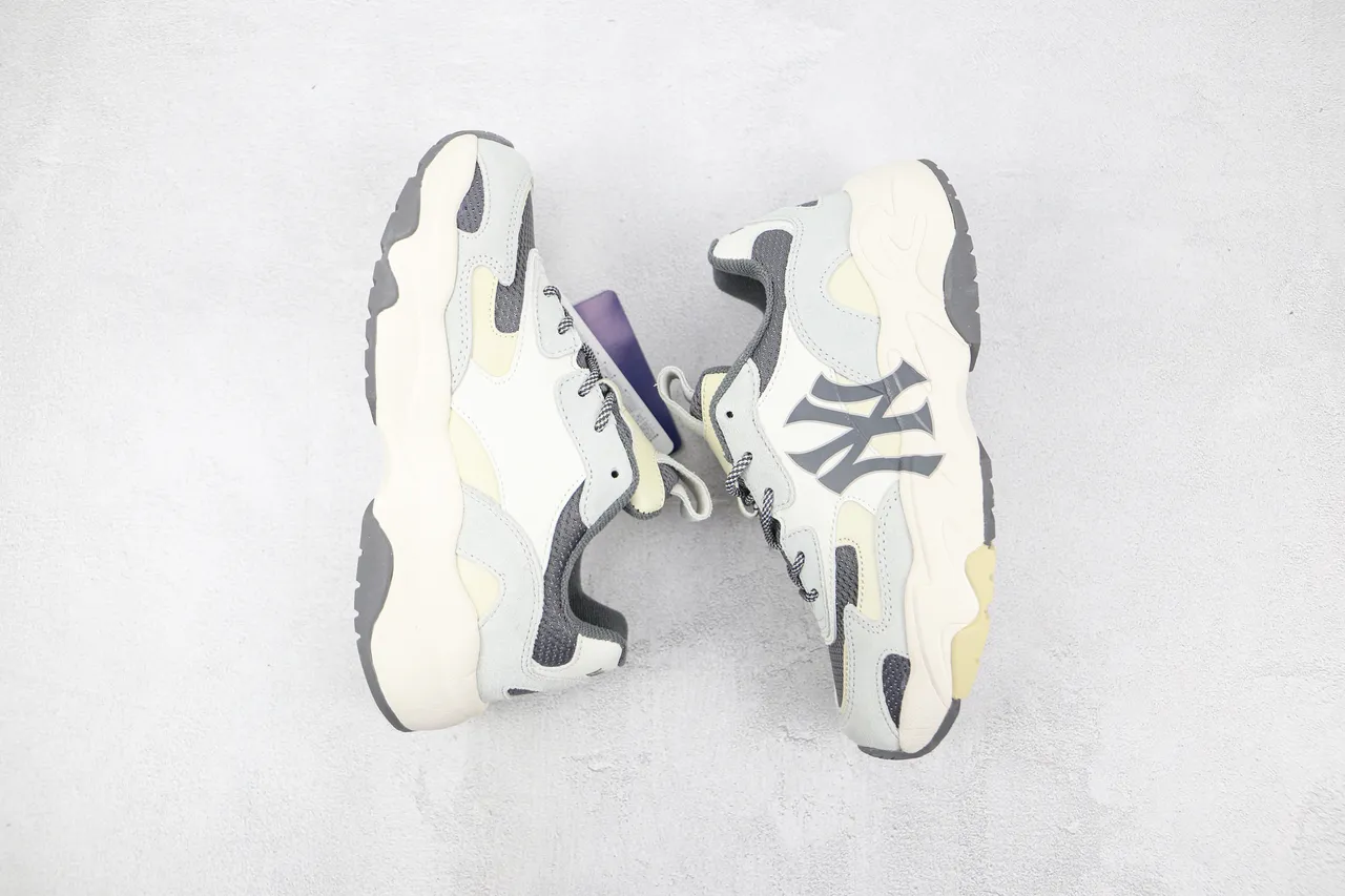 New Era Beige Gray Oversized Interlocking NY Logo Layered Mixed-Material Upper Chunky Sneakers 2