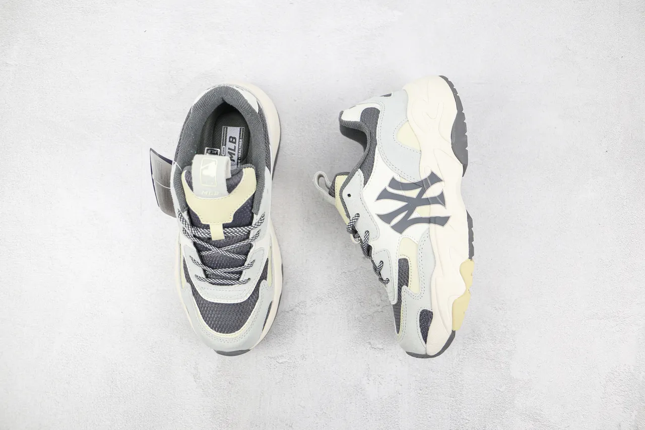 New Era Beige Gray Oversized Interlocking NY Logo Layered Mixed-Material Upper Chunky Sneakers 3