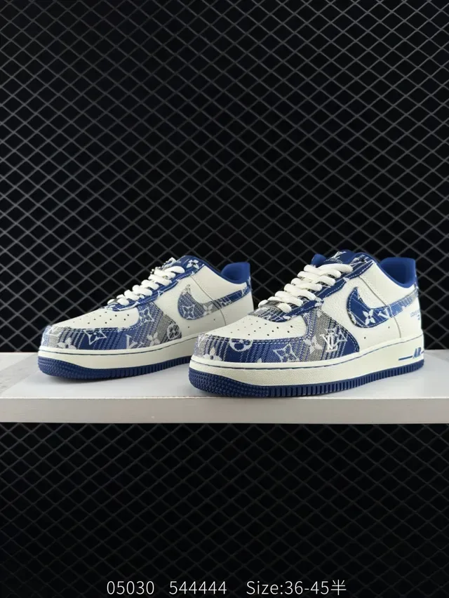 Nike Air Force 1 White and Blue Denim Monogram Lifestyle Sneakers 3