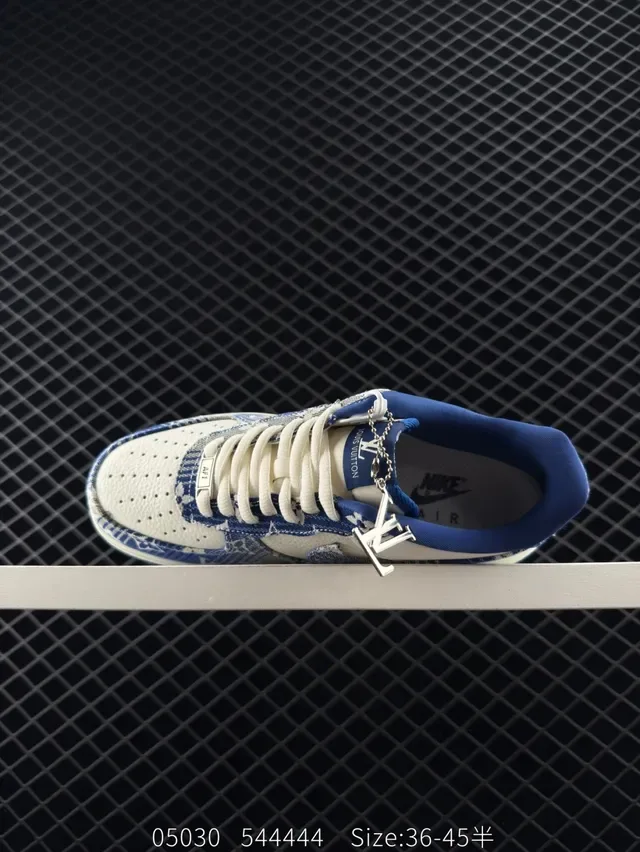 Nike Air Force 1 White and Blue Denim Monogram Lifestyle Sneakers 5