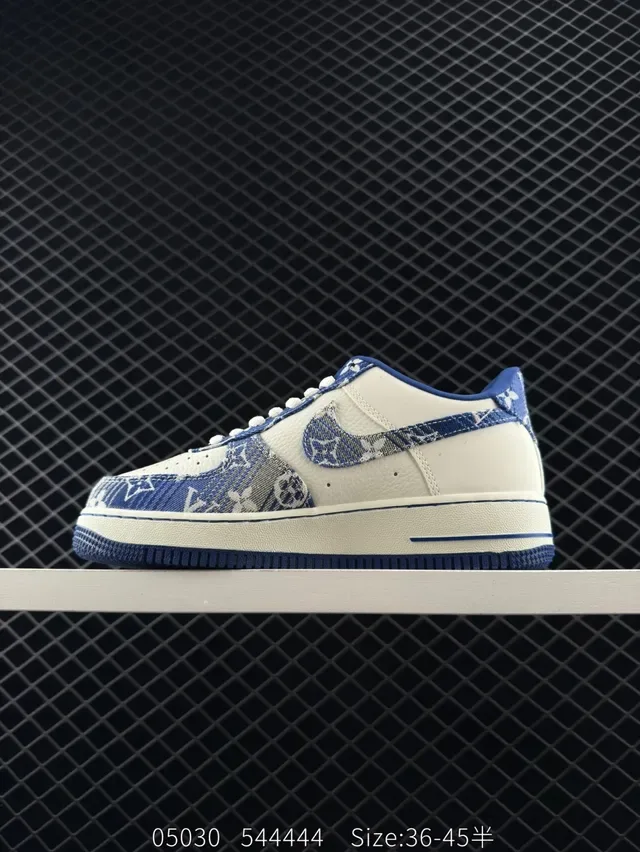 Nike Air Force 1 White and Blue Denim Monogram Lifestyle Sneakers 6