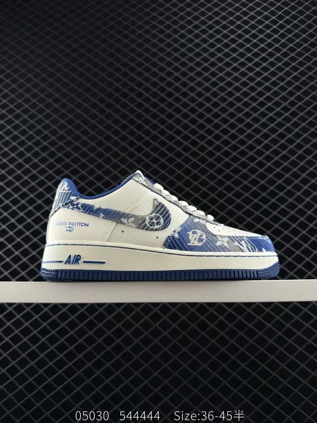 Nike Air Force 1 White and Blue Denim Monogram Lifestyle Sneakers 7