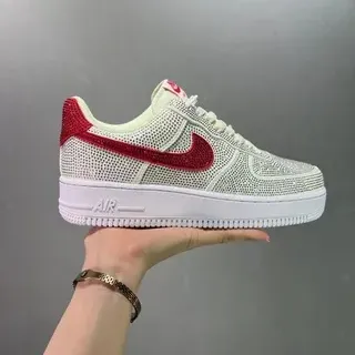 Nike Air Force 1 White and Red Rhinestone-Embellished Lifestyle Sneakers