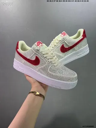 Nike Air Force 1 White and Red Rhinestone-Embellished Lifestyle Sneakers 8