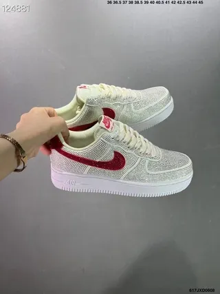 Nike Air Force 1 White and Red Rhinestone-Embellished Lifestyle Sneakers 10