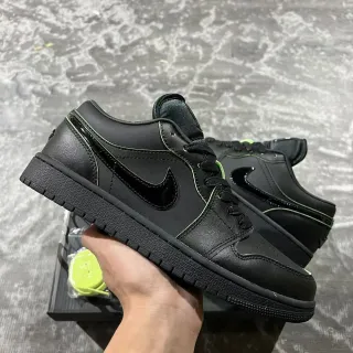 Nike Air Jordan 1 Low Black Green Leather Upper Glossy Swoosh Overlay Lifestyle Sneakers