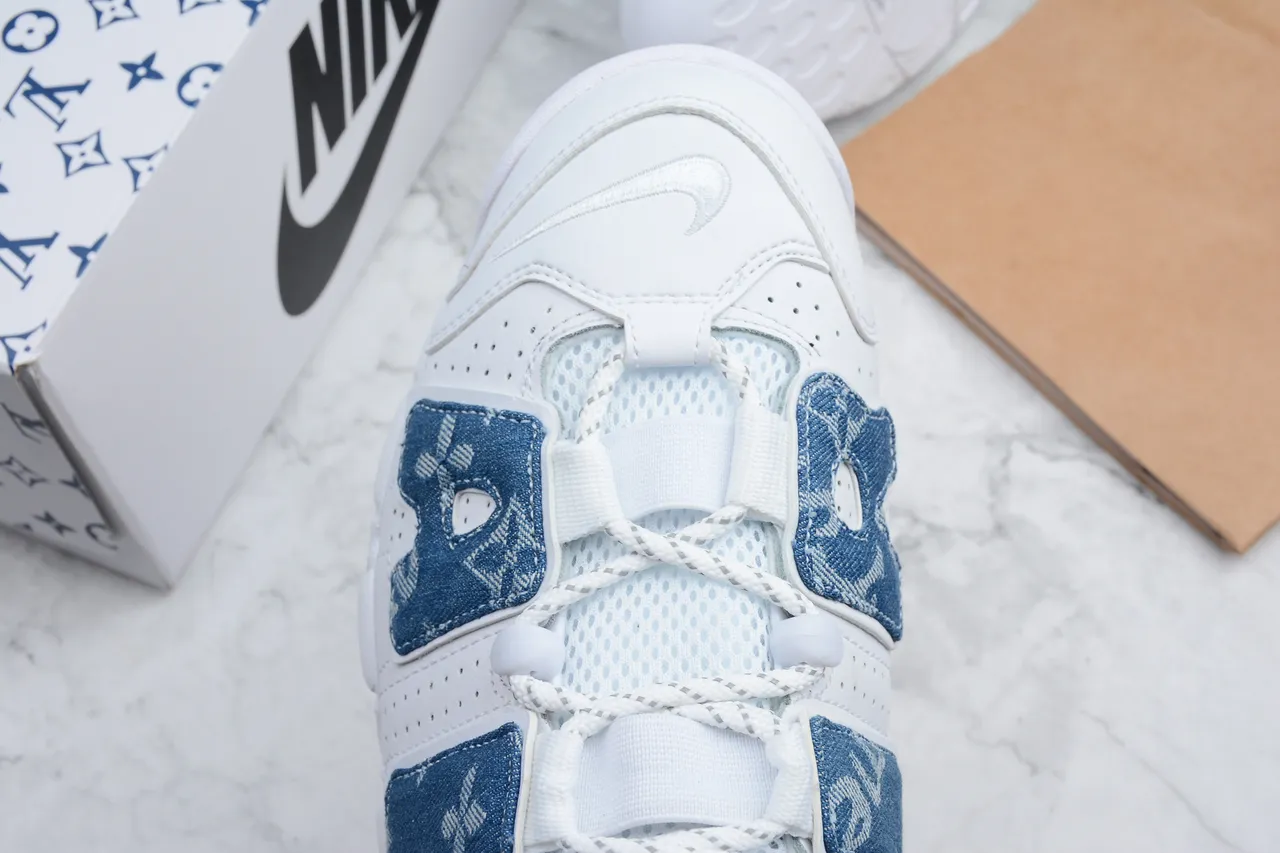 Nike Air More Uptempo White Blue Denim Monogram Basketball Shoes 2