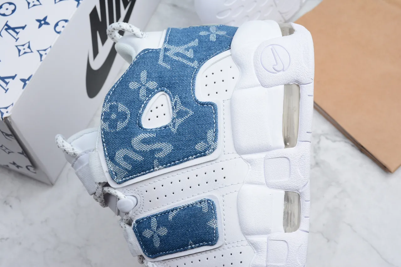 Nike Air More Uptempo White Blue Denim Monogram Basketball Shoes 3
