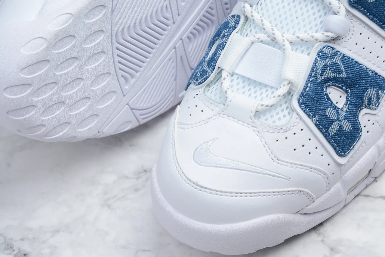 Nike Air More Uptempo White Blue Denim Monogram Basketball Shoes 6