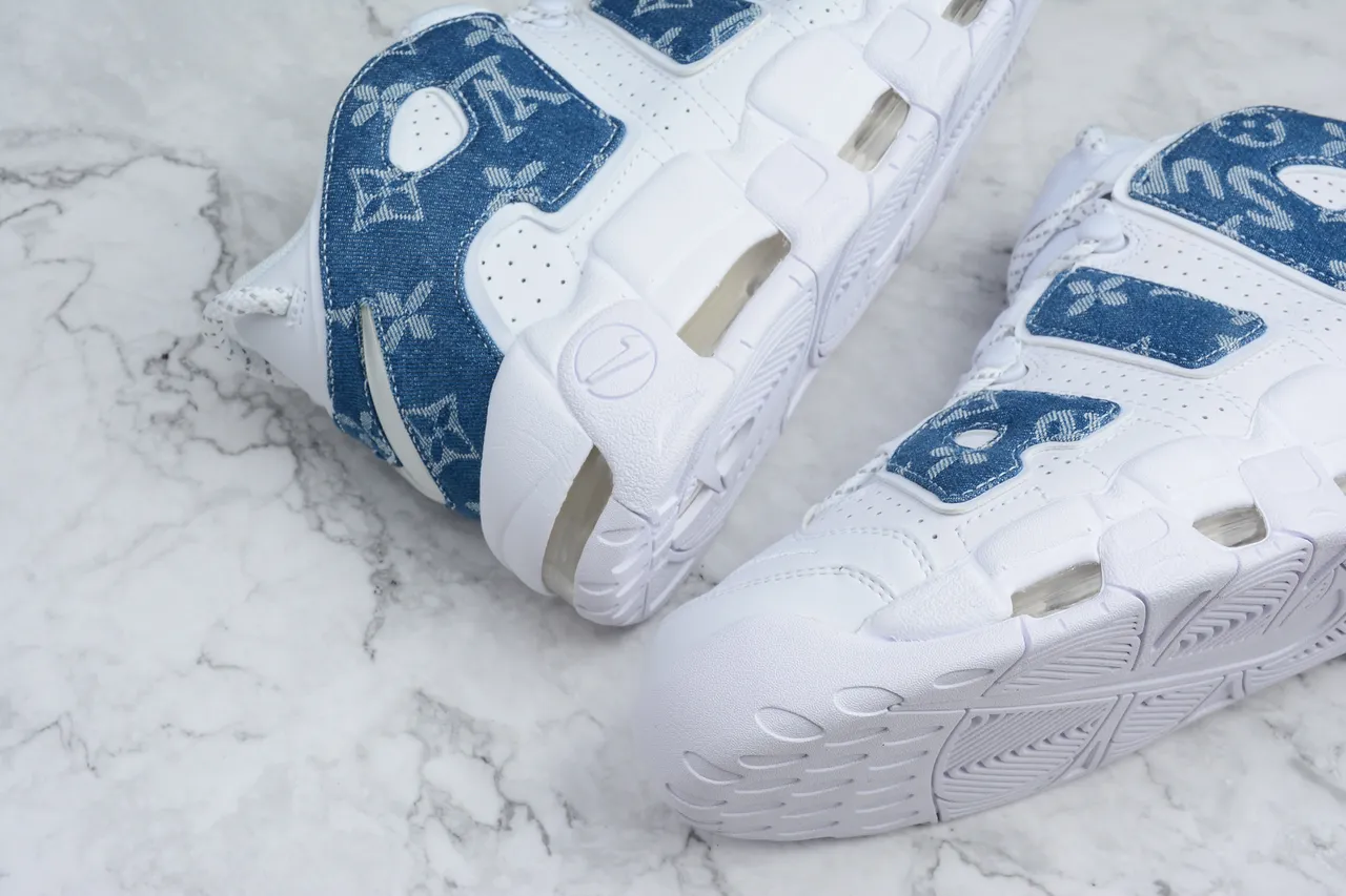 Nike Air More Uptempo White Blue Denim Monogram Basketball Shoes 7