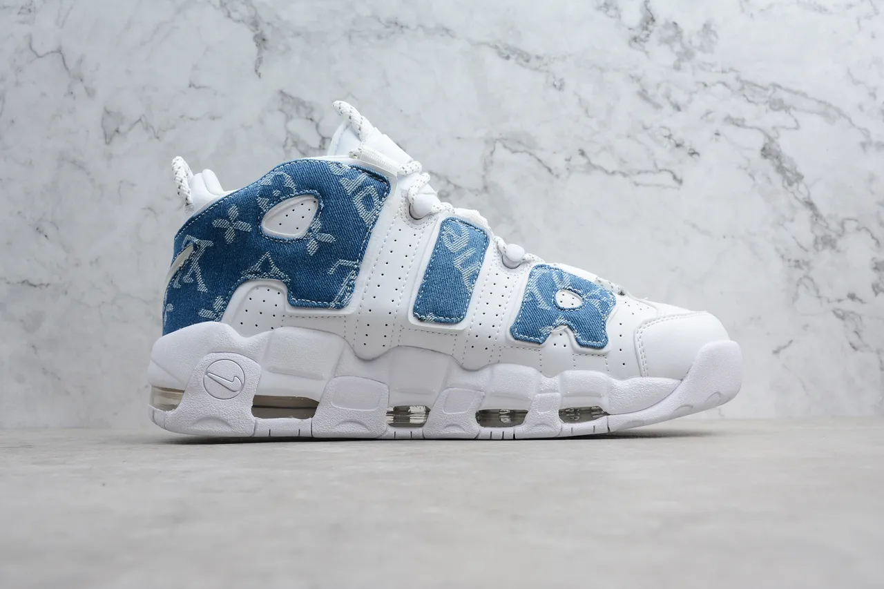 Nike Air More Uptempo White Blue Denim Monogram Basketball Shoes 12