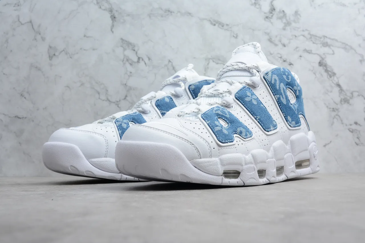 Nike Air More Uptempo White Blue Denim Monogram Basketball Shoes 13