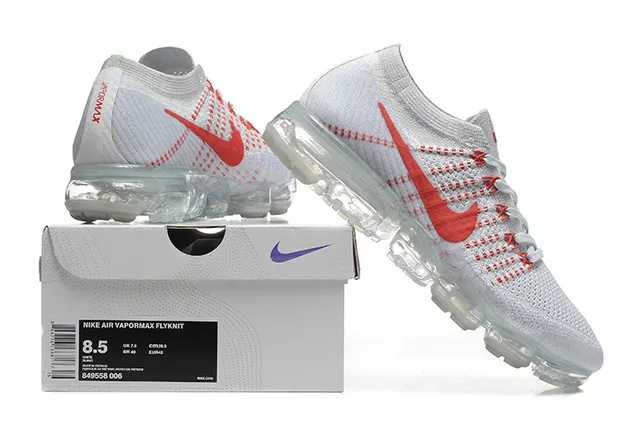 Nike Air VaporMax Flyknit Gray and Red Running Shoes 8