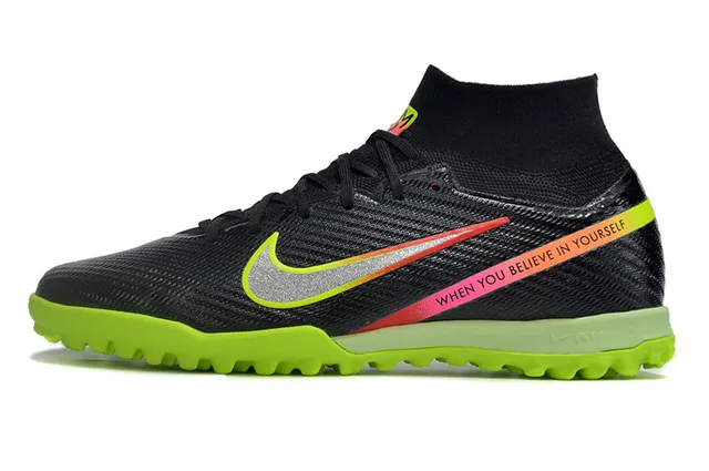 Nike Black Green High-Top Sock-Fit Collar Textured Synthetic Knit Upper Artificial-Grass Soccer Shoes 6